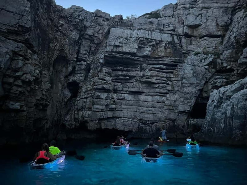 Pula: Sunset/Night Illuminated Transparent Kayak Tour - Glowing canyon time: where the lighting meets the night
